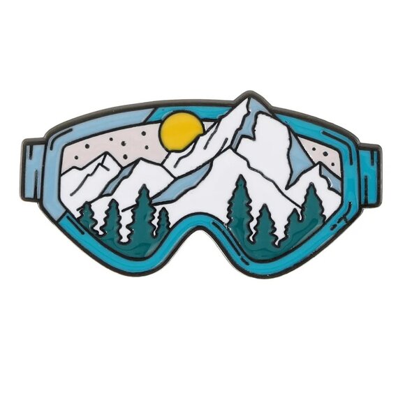 Jewelry - Ski Goggles Mountain Scene Pin – Winter Snowy Landscape Enamel Brooch